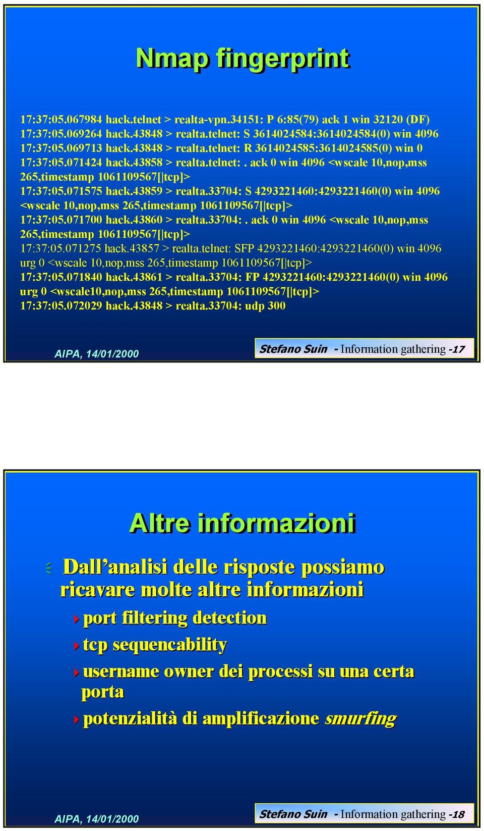 43859 > realta.33704: S 4293221460:4293221460(0) win 4096 <wscale 10,nop,mss 265,timestamp 1061109567[ tcp]> 17:37:05.071700 hack.43860 > realta.33704:. ack 0 win 4096 <wscale 10,nop,mss 265,timestamp 1061109567[ tcp]> 17:37:05.