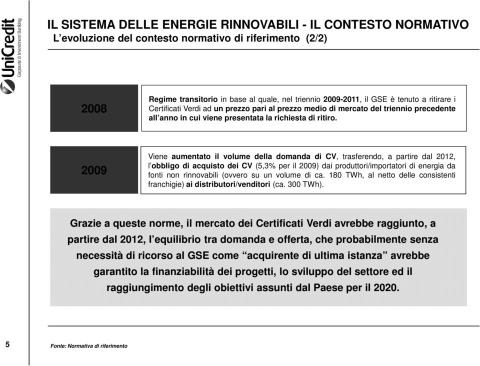 2009 Viene aumentato il volume della domanda di CV, trasferendo, a partire dal 2012, l obbligo di acquisto dei CV (5,3% per il 2009) dai produttori/importatori di energia da fonti non rinnovabili