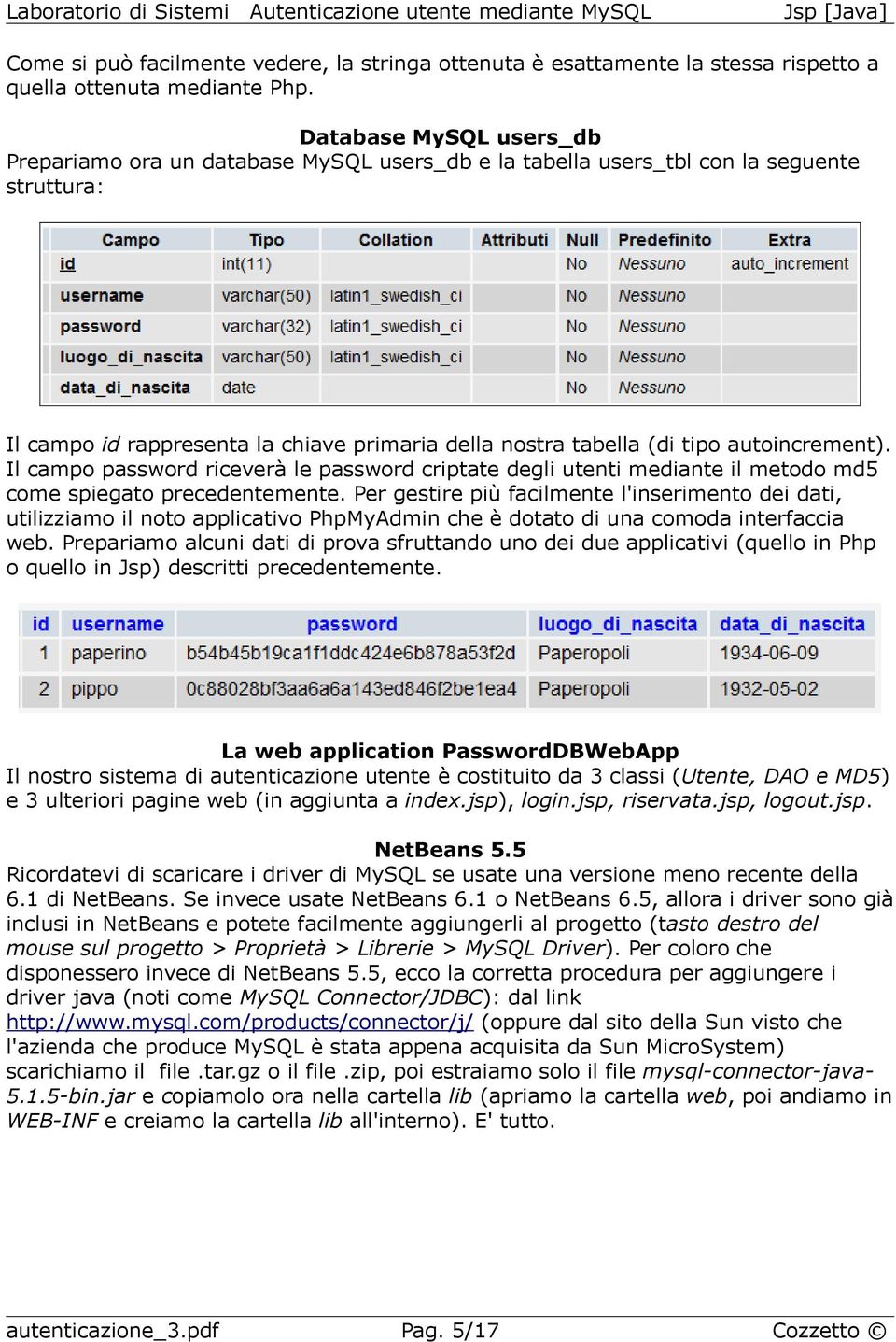 autoincrement). Il campo password riceverà le password criptate degli utenti mediante il metodo md5 come spiegato precedentemente.