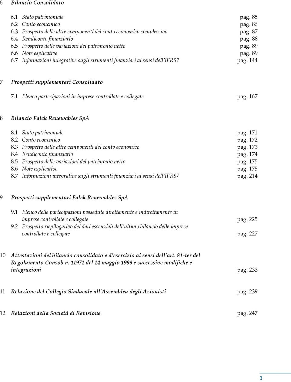 144 7 Prospetti supplementari Consolidato 7.1 Elenco partecipazioni in imprese controllate e collegate pag. 167 8 Bilancio Falck Renewables SpA 8.1 Stato patrimoniale pag. 171 8.2 Conto economico pag.