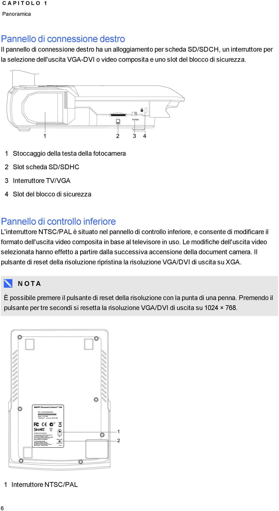 1 Stccaggi della testa della ftcamera 2 Slt scheda SD/SDHC 3 Interruttre TV/VGA 4 Slt del blcc di sicurezza Pannell di cntrll inferire L'interruttre NTSC/PAL è situat nel pannell di cntrll inferire,