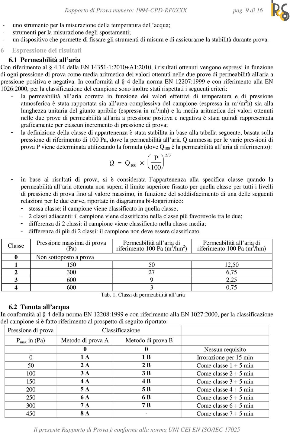 assicurarne la stabilità durante prova. 6 Espressione dei risultati 6.1 Permeabilità all aria Con riferimento al 4.