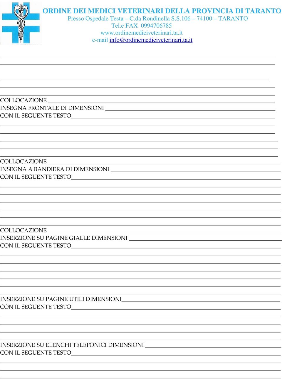 COLLOCAZIONE INSERZIONE SU PAGINE GIALLE DIMENSIONI