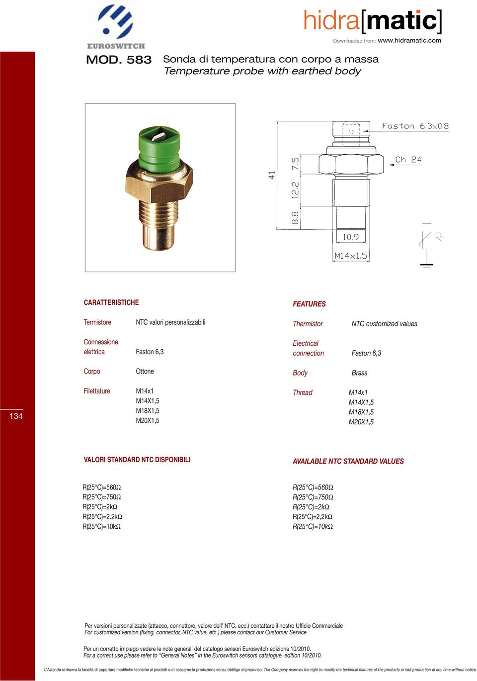 134 M14X1,5 M18X1,5 M20X1,5 Thread Per versioni personalizzate (attacco, connettore, valore dell NTC, ecc.