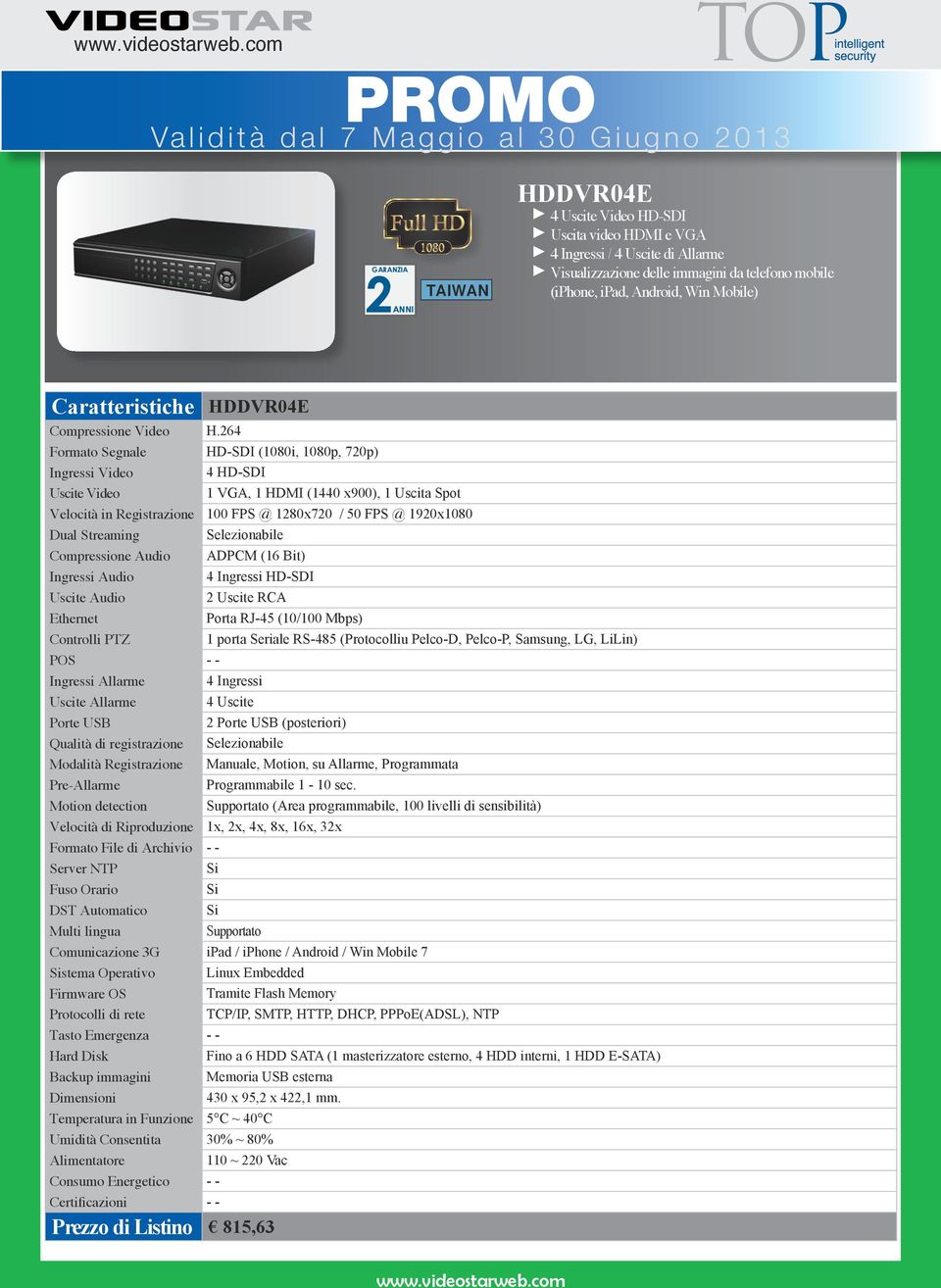264 Formato Segnale HD-SDI (1080i, 1080p, 720p) Ingressi Video 4 HD-SDI Uscite Video 1 VGA, 1 HDMI (1440 x900), 1 Uscita Spot Velocità in Registrazione 100 FPS @ 1280x720 / 50 FPS @ 1920x1080 Dual