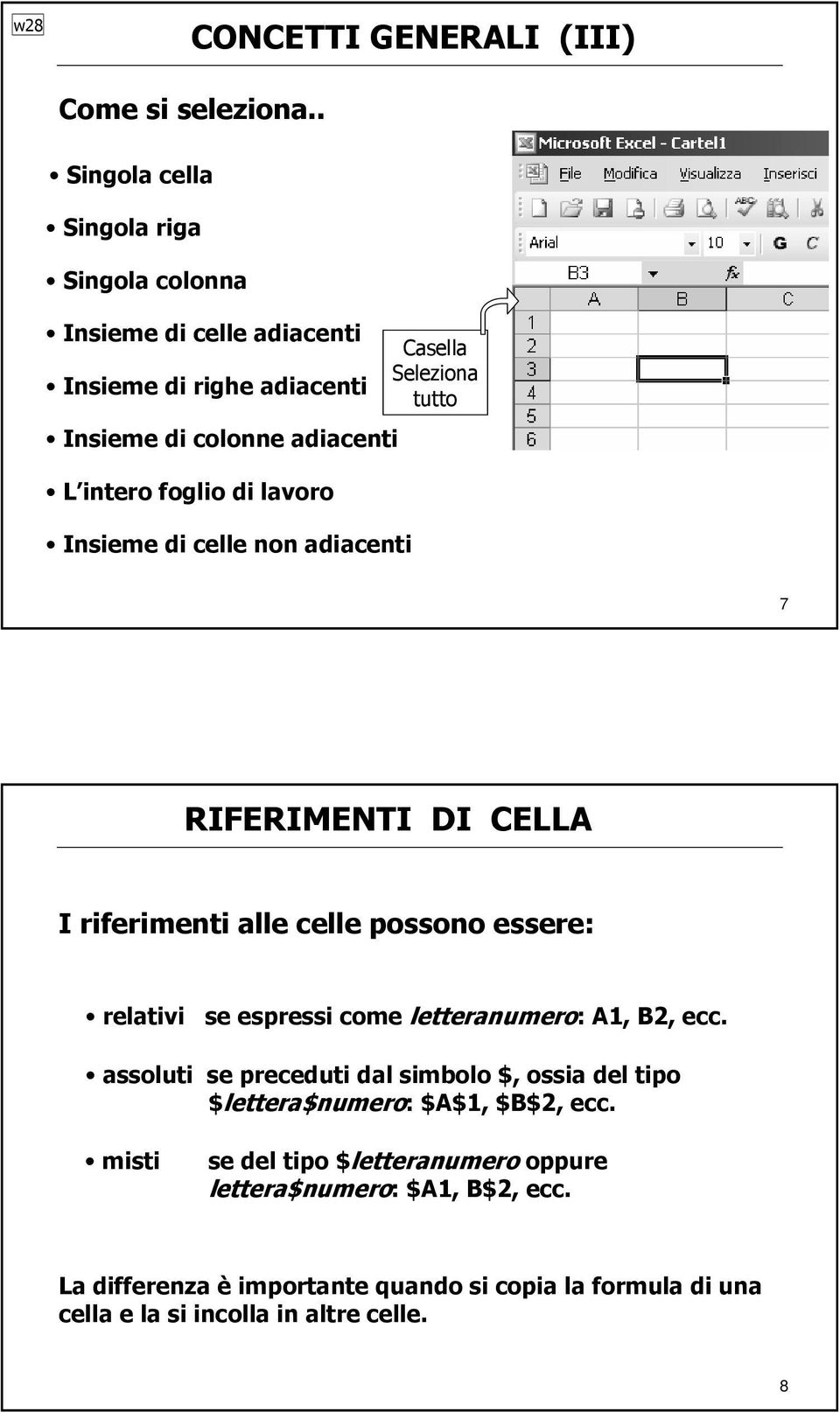 Insieme di celle non adiacenti Casella Seleziona tutto 7 RIFERIMENTI DI CELLA I riferimenti alle celle possono essere: relativi se espressi come