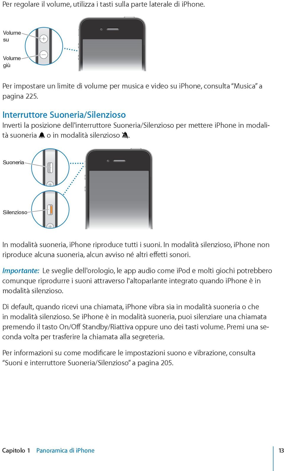 Suoneria Silenzioso In modalità suoneria, iphone riproduce tutti i suoni. In modalità silenzioso, iphone non riproduce alcuna suoneria, alcun avviso né altri effetti sonori.