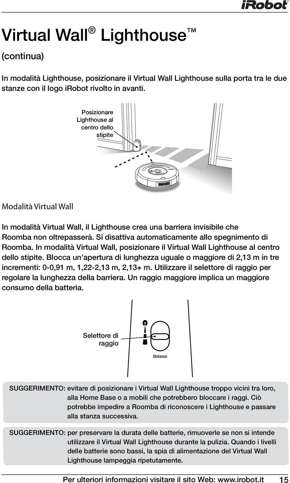 Si disattiva automaticamente allo spegnimento di Roomba. In modalità Virtual Wall, posizionare il Virtual Wall Lighthouse al centro dello stipite.