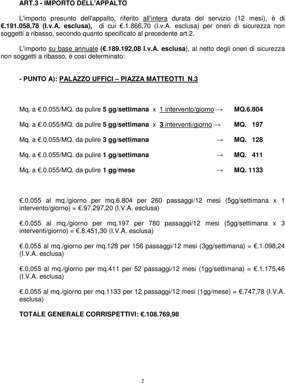 da pulire 5 gg/settimana x 1 intervento/giorno MQ.6.804 Mq. a.0.055/mq. da pulire 5 gg/settimana x 3 interventi/giorno MQ. 197 Mq. a.0.055/mq. da pulire 3 gg/settimana MQ. 128 Mq. a.0.055/mq. da pulire 1 gg/settimana MQ.