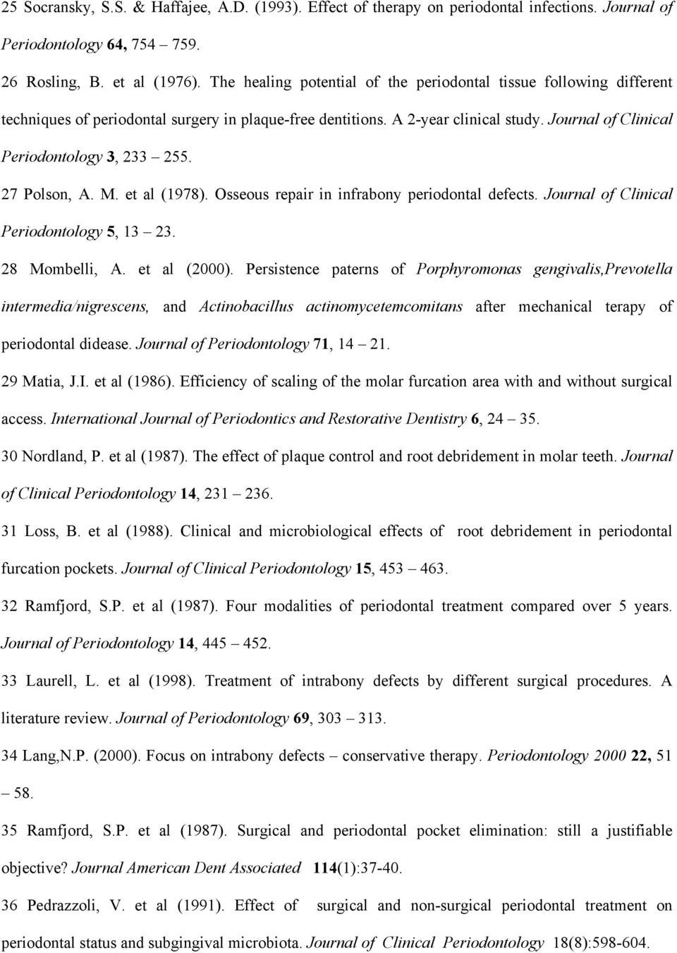 27 Polson, A. M. et al (1978). Osseous repair in infrabony periodontal defects. Journal of Clinical Periodontology 5, 13 23. 28 Mombelli, A. et al (2000).