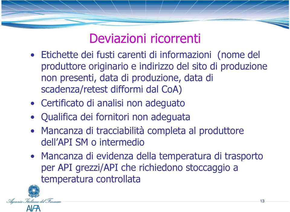 adeguato Qualifica dei fornitori non adeguata Mancanza di tracciabilità completa al produttore dell API SM o intermedio