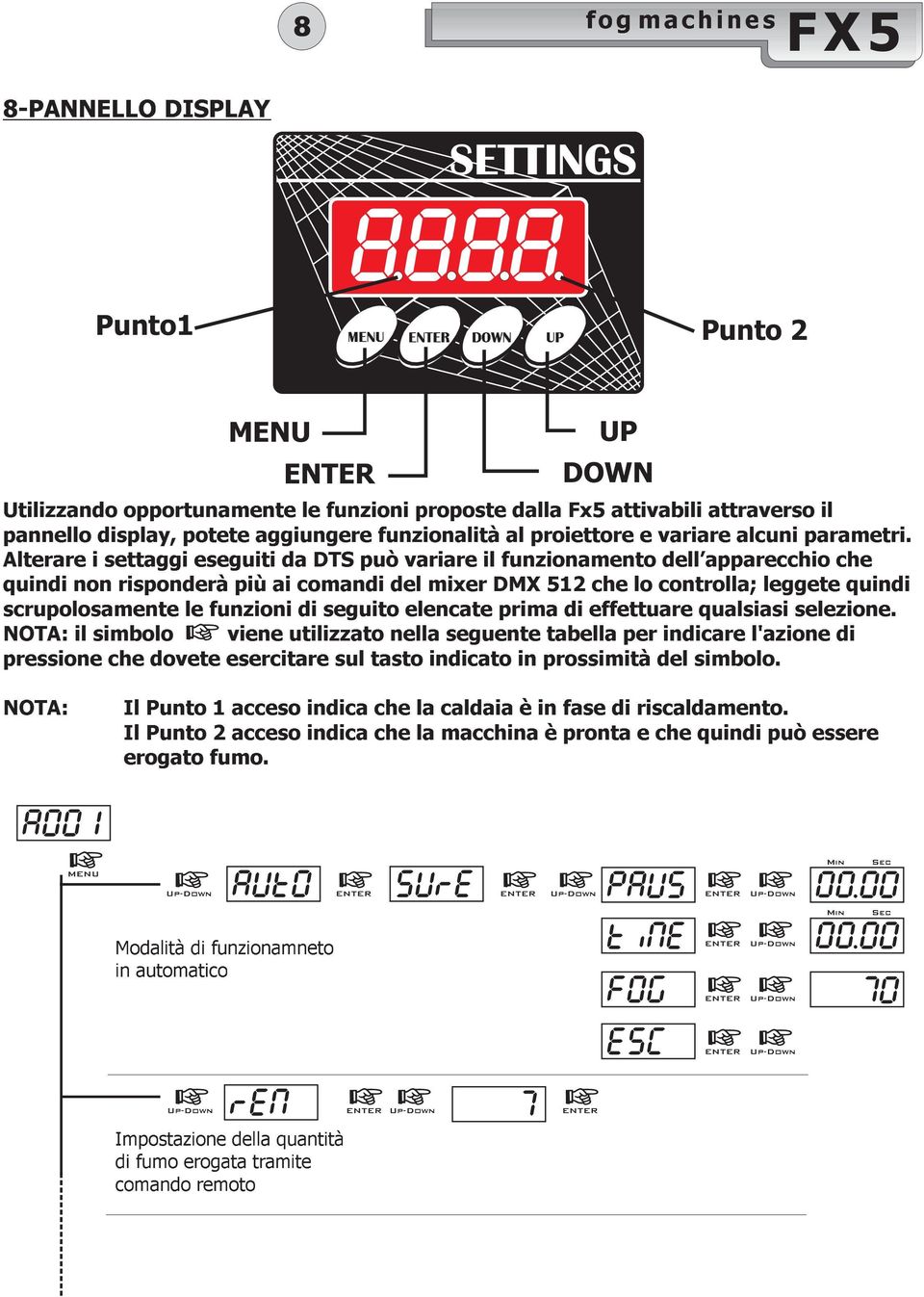 Alterare i settaggi eseguiti da DTS può variare il funzionamento dell apparecchio che quindi non risponderà più ai comandi del mixer DMX 512 che lo controlla; leggete quindi scrupolosamente le