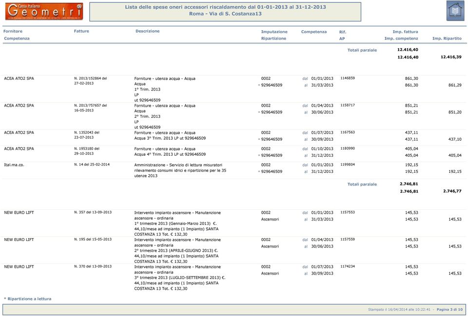 2013/757657 del 16-05-2013 Fornture - utenza acqua - Acqua Acqua 2 Trm. 2013 * 929646509 01/04/2013 1158717 851,21 al 30/06/2013 851,21 851,20 ut 929646509 ACEA ATO2 SPA N.