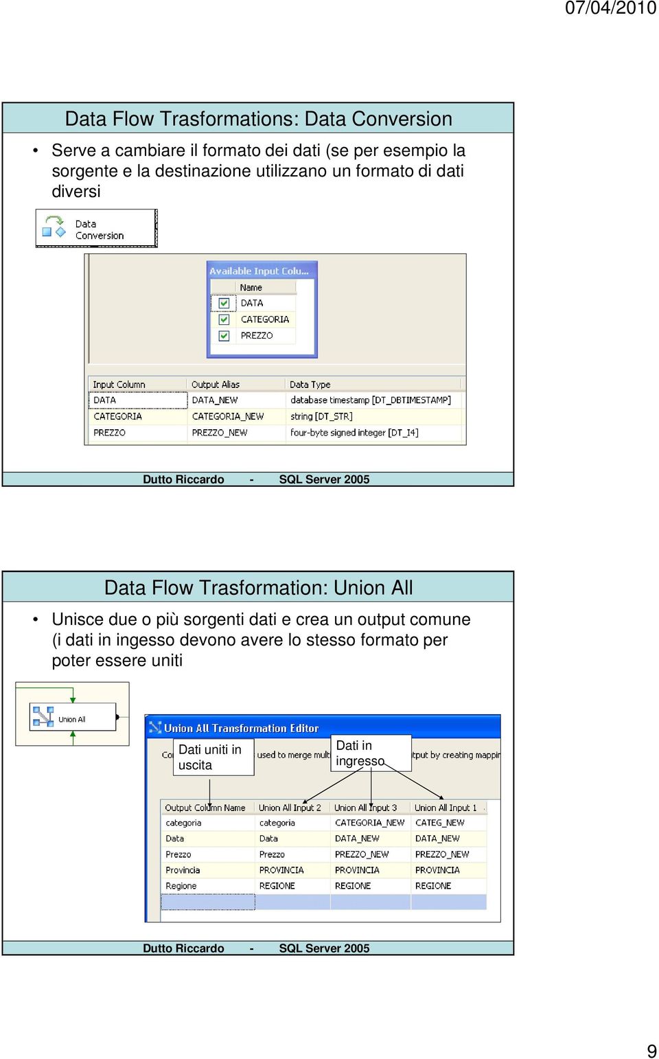 Trasformation: Union All Unisce due o più sorgenti dati e crea un output comune (i dati in