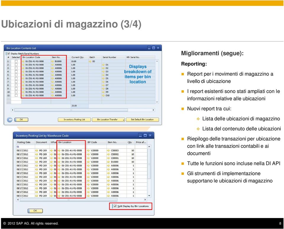 ubicazioni di magazzino Lista del contenuto delle ubicazioni Riepilogo delle transazioni per ubicazione con link alle transazioni contabili e ai