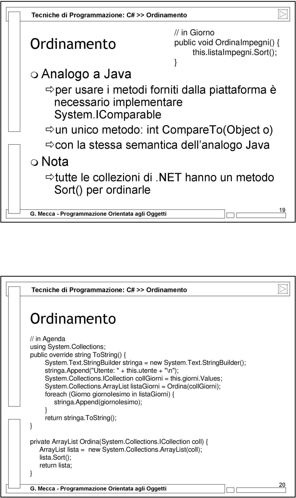 IComparable un unico metodo: int CompareTo(Object o) con la stessa semantica dell analogo Java Nota tutte le collezioni di.