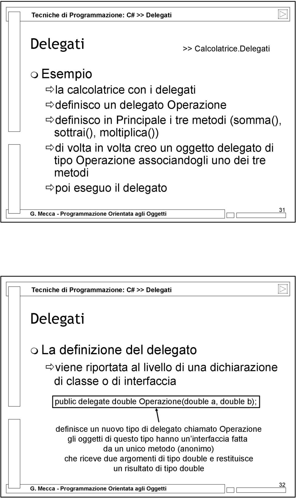 delegato di tipo Operazione associandogli uno dei tre metodi poi eseguo il delegato 31 Tecniche di Programmazione: C# >> La definizione del delegato viene riportata al livello di una