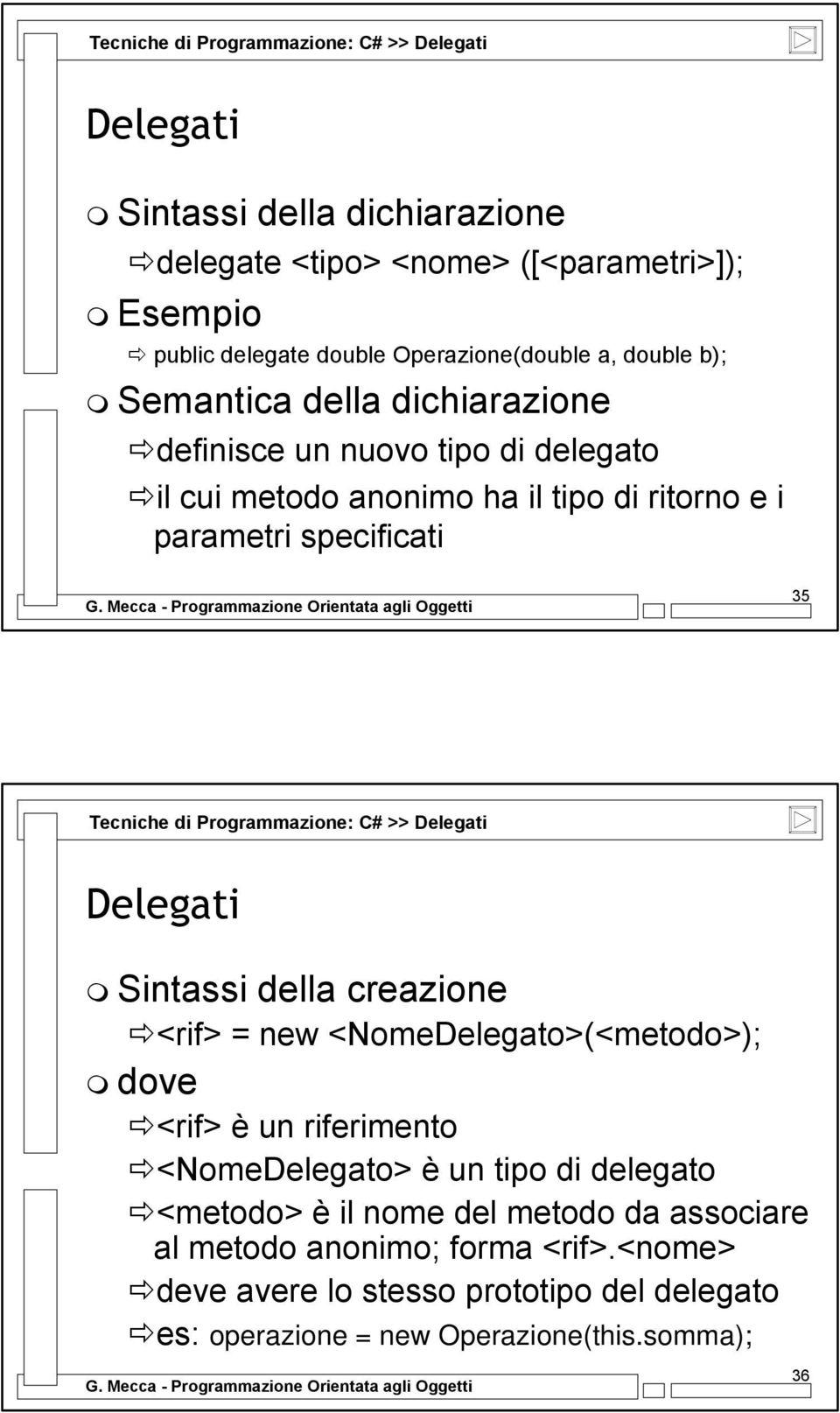 di Programmazione: C# >> Sintassi della creazione <rif> = new <NomeDelegato>(<metodo>); dove <rif> è un riferimento <NomeDelegato> è un tipo di delegato