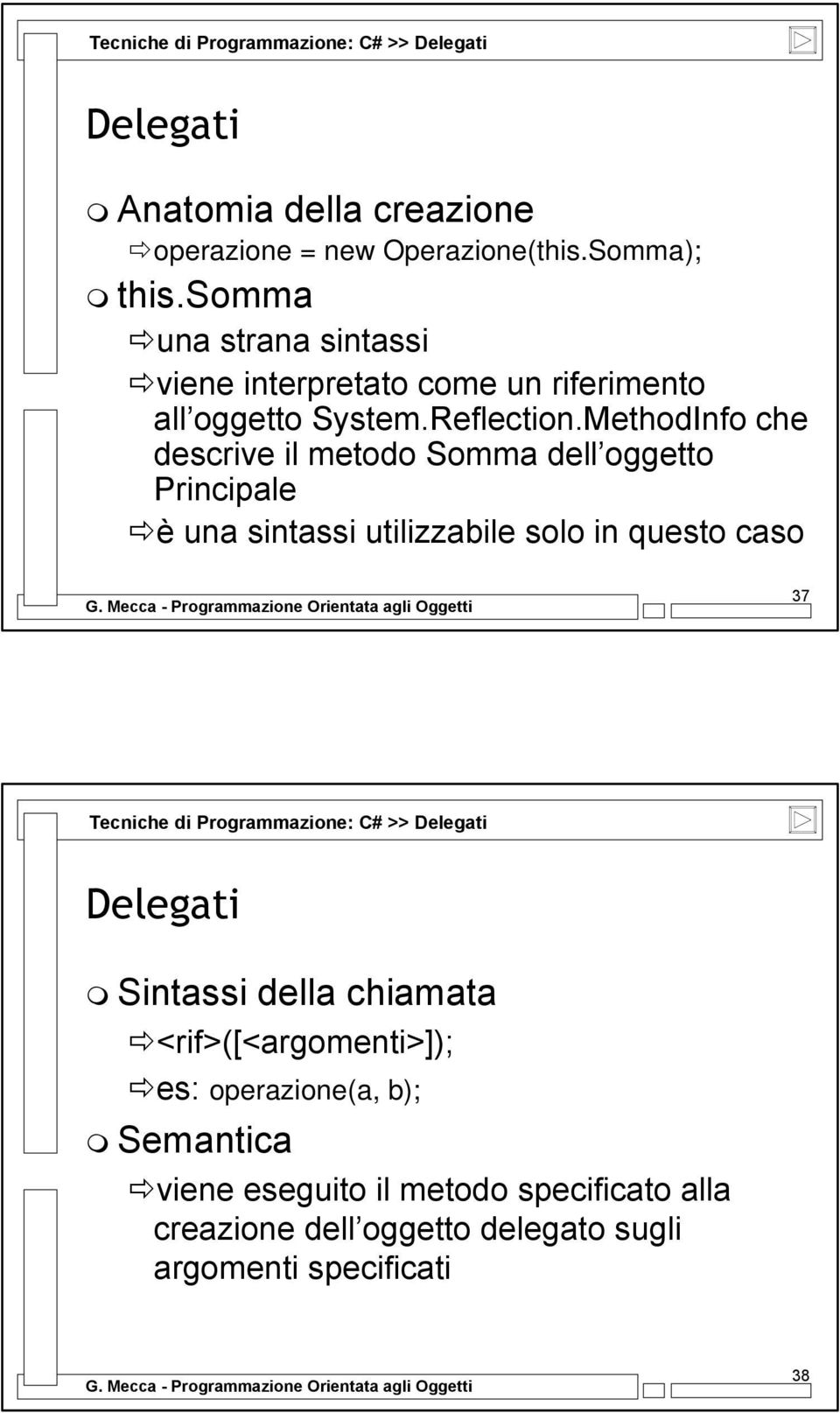 MethodInfo che descrive il metodo Somma dell oggetto Principale è una sintassi utilizzabile solo in questo caso 37 Tecniche di