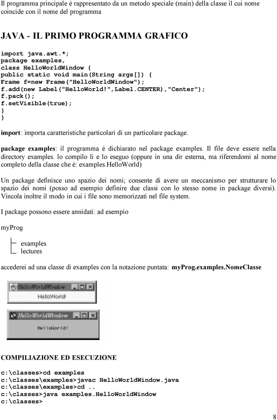 setvisible(true); import: importa caratteristiche particolari di un particolare package. package examples: il programma è dichiarato nel package examples. Il file deve essere nella directory examples.