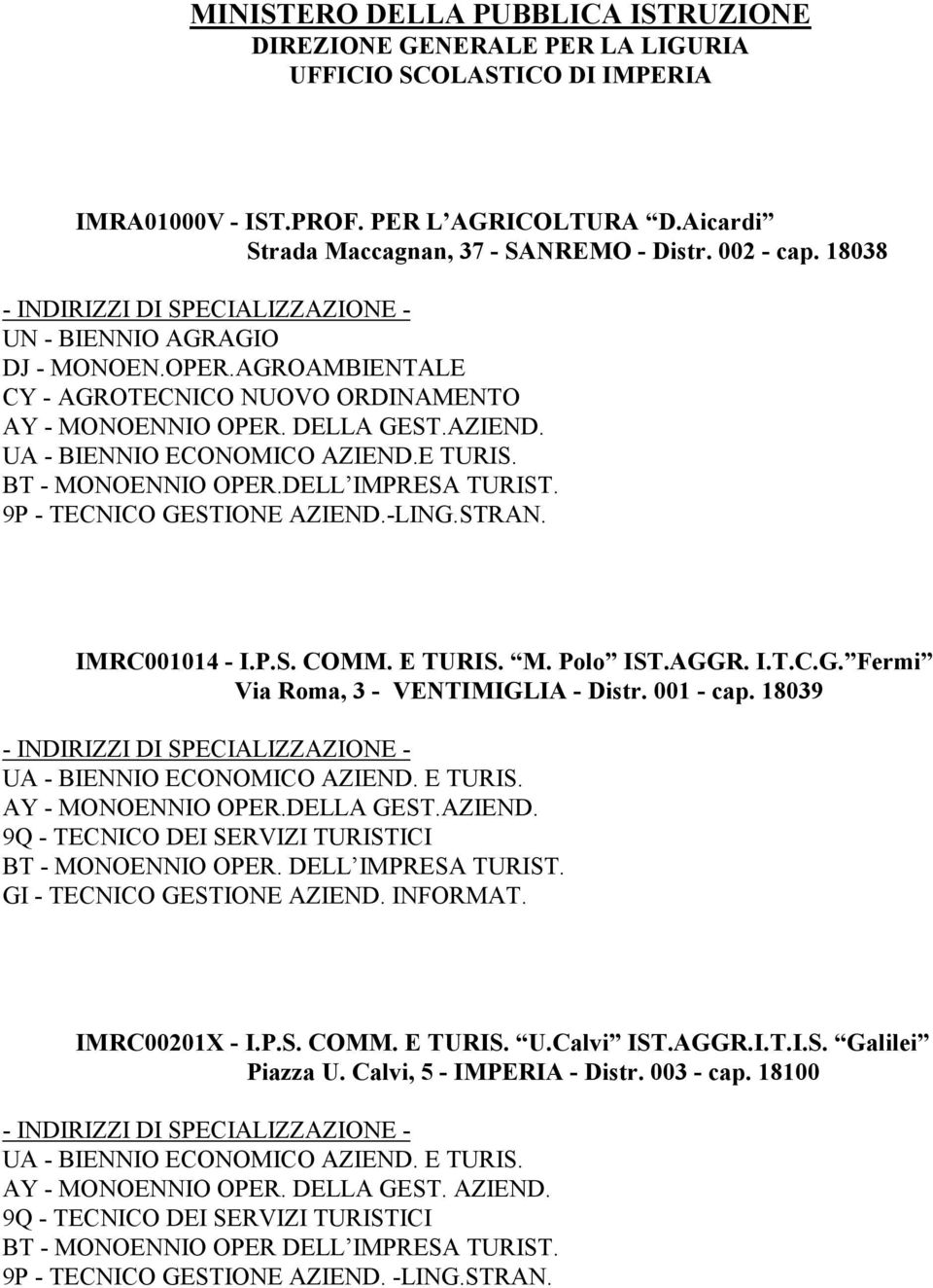 -LING.STRAN. IMRC001014 - I.P.S. COMM. E TURIS. M. Polo IST.AGGR. I.T.C.G. Fermi Via Roma, 3 - VENTIMIGLIA - Distr. 001 - cap. 18039 UA - BIENNIO ECONOMICO AZIEND. E TURIS. AY - MONOENNIO OPER.