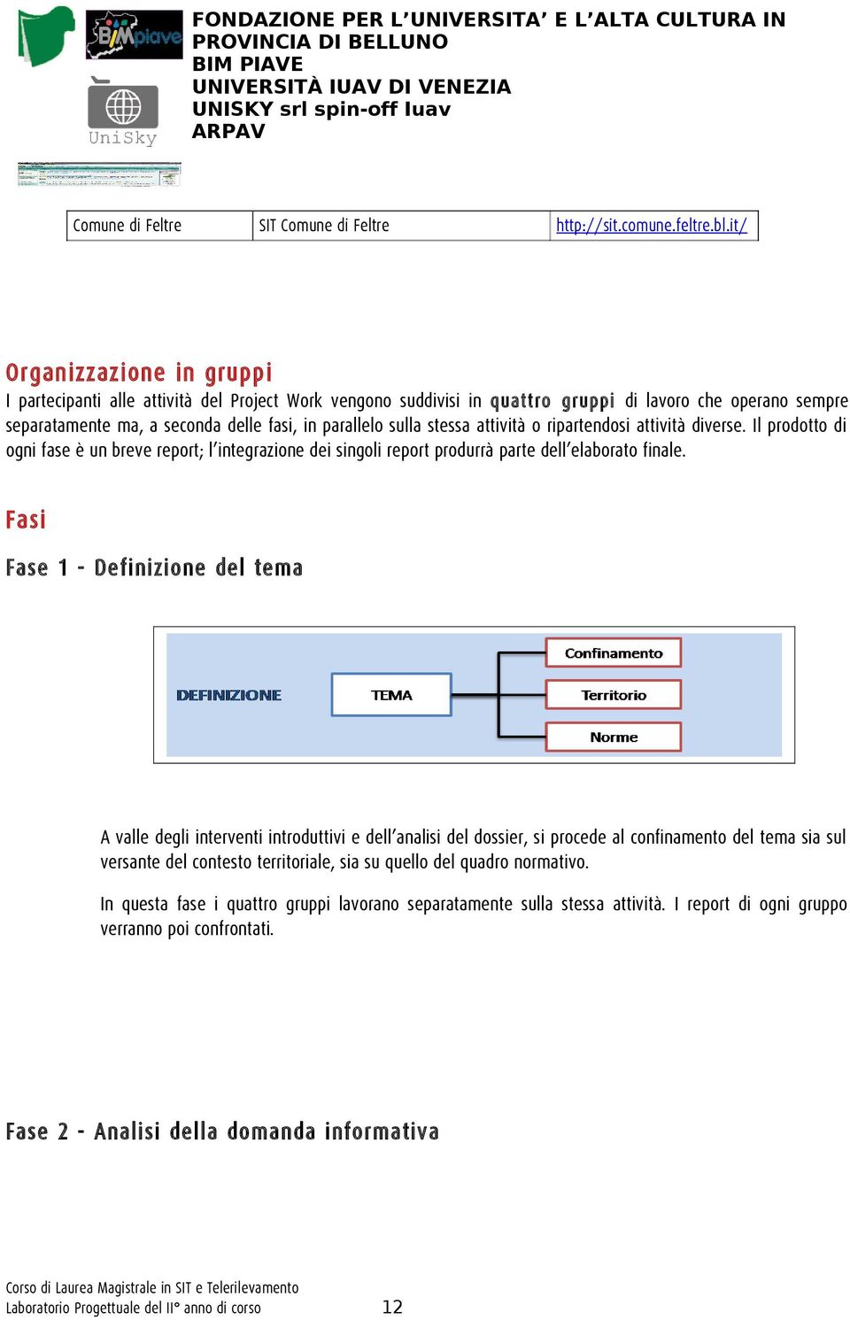 stessa attività o ripartendosi attività diverse. Il prodotto di ogni fase è un breve report; l integrazione dei singoli report produrrà parte dell elaborato finale.