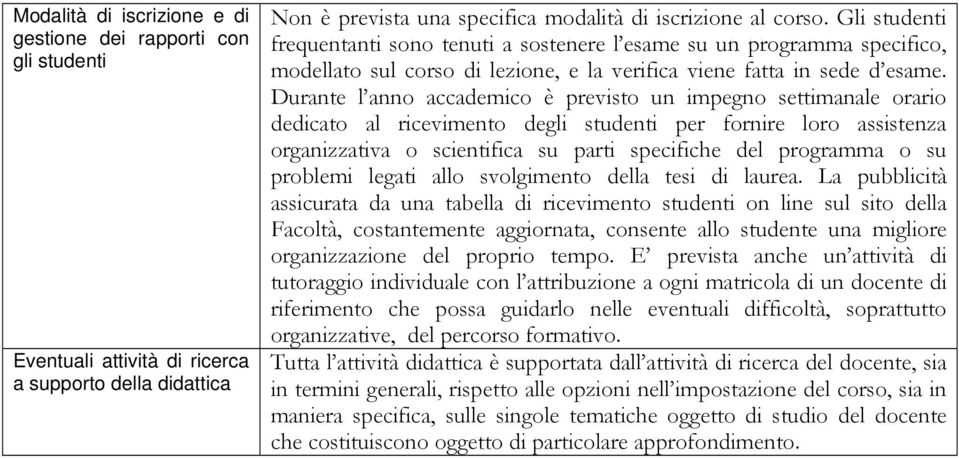 Durante l anno accademico è previsto un impegno settimanale orario decato al ricevimento de per fornire loro assistenza organizzativa o scientifica su parti specifiche del programma o su problemi