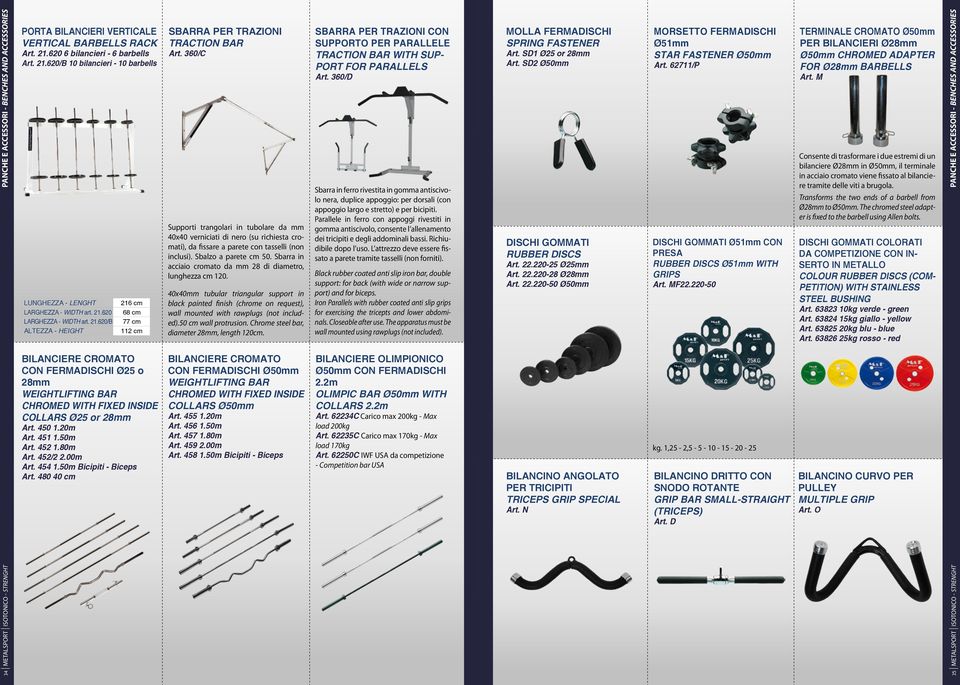 80m Art. 452/2 2.00m Art. 454 1.50m Bicipiti - Biceps Art. 480 40 cm SBARRA PER TRAZIONI TRACTION BAR Art.