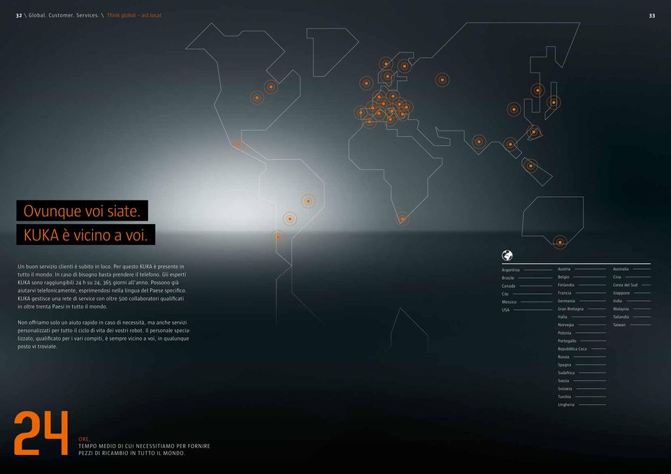 KUKA gestisce una rete di service con oltre 500 collaboratori qualificati in oltre trenta Paesi in tutto il mondo.