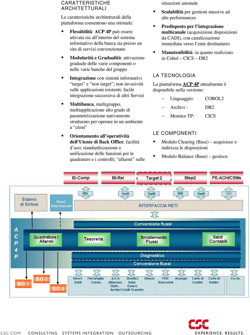 non target ; non invasività sulle applicazioni esistenti; facile integrazione successiva di altri Servizi Multibanca, multigruppo, multiapplicazione alto grado di parametrizzazione nativamente