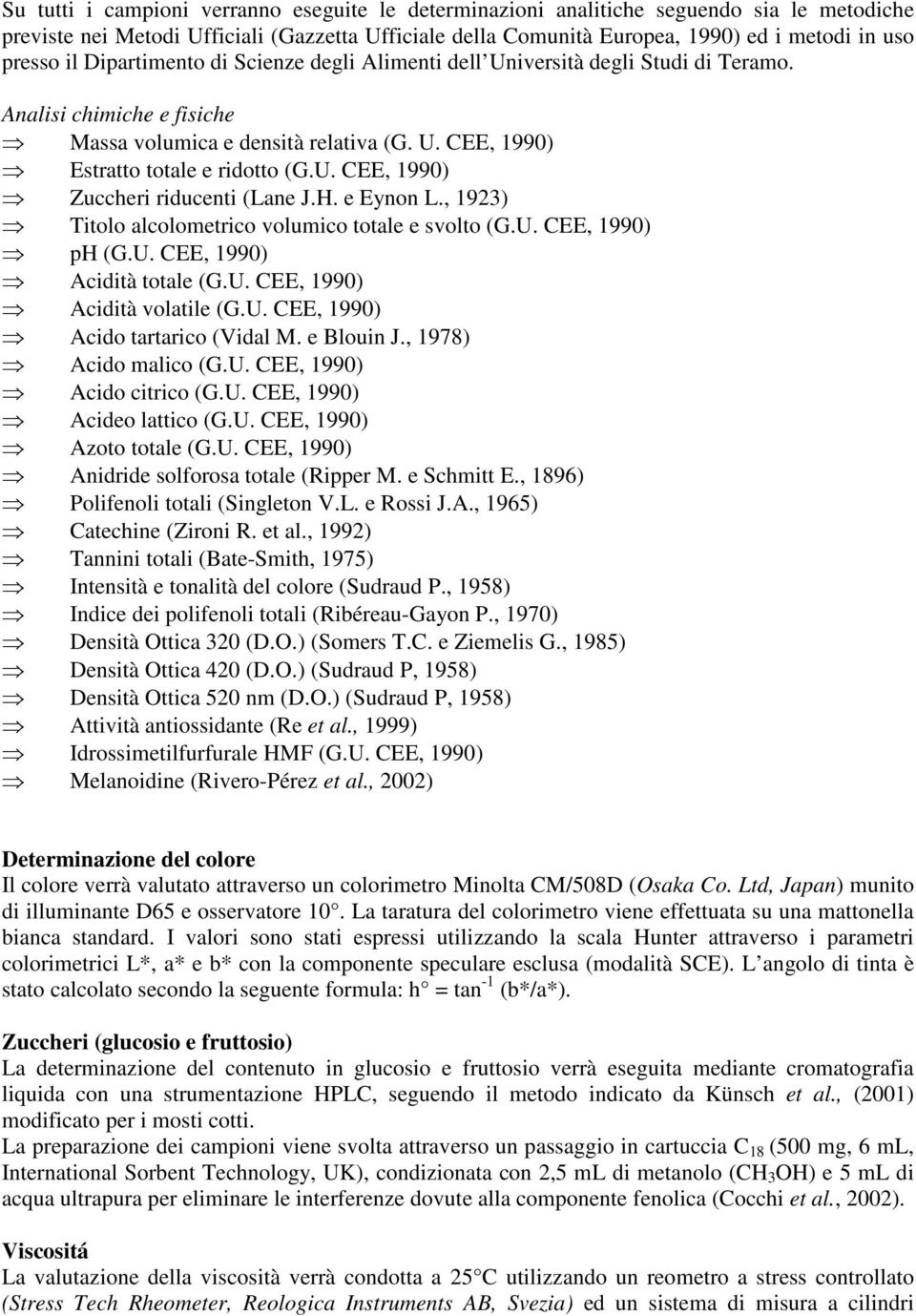 H. e Eynon L., 1923) Titolo alcolometrico volumico totale e svolto (G.U. CEE, 1990) ph (G.U. CEE, 1990) Acidità totale (G.U. CEE, 1990) Acidità volatile (G.U. CEE, 1990) Acido tartarico (Vidal M.