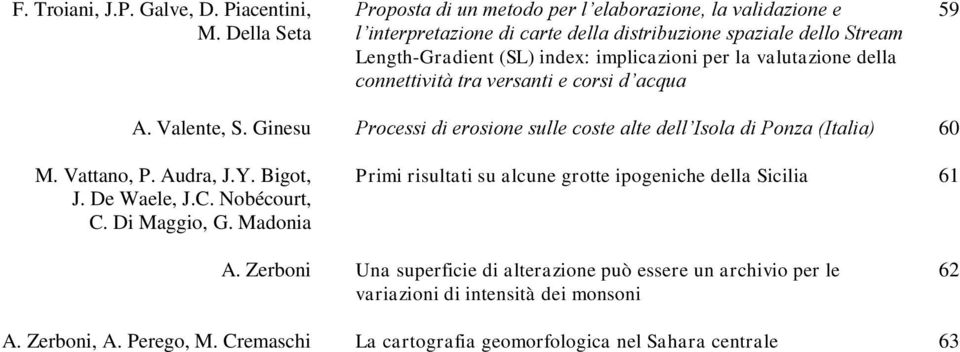 per la valutazione della connettività tra versanti e corsi d acqua 59 A. Valente, S. Ginesu Processi di erosione sulle coste alte dell Isola di Ponza (Italia) 60 M. Vattano, P.