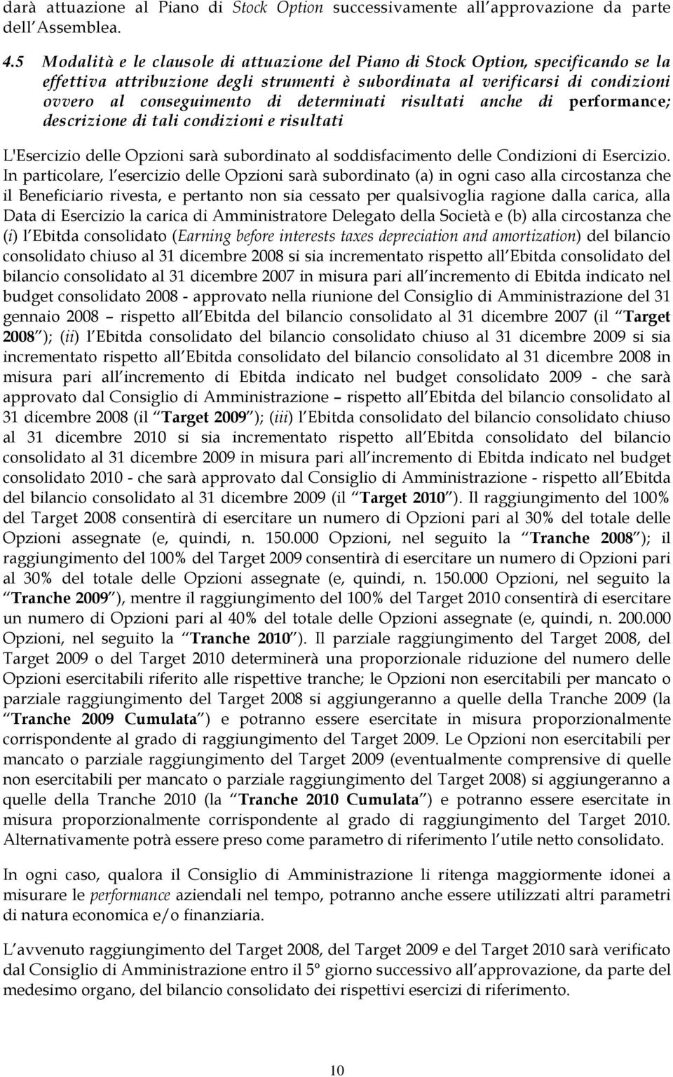 determinati risultati anche di performance; descrizione di tali condizioni e risultati L'Esercizio delle Opzioni sarà subordinato al soddisfacimento delle Condizioni di Esercizio.