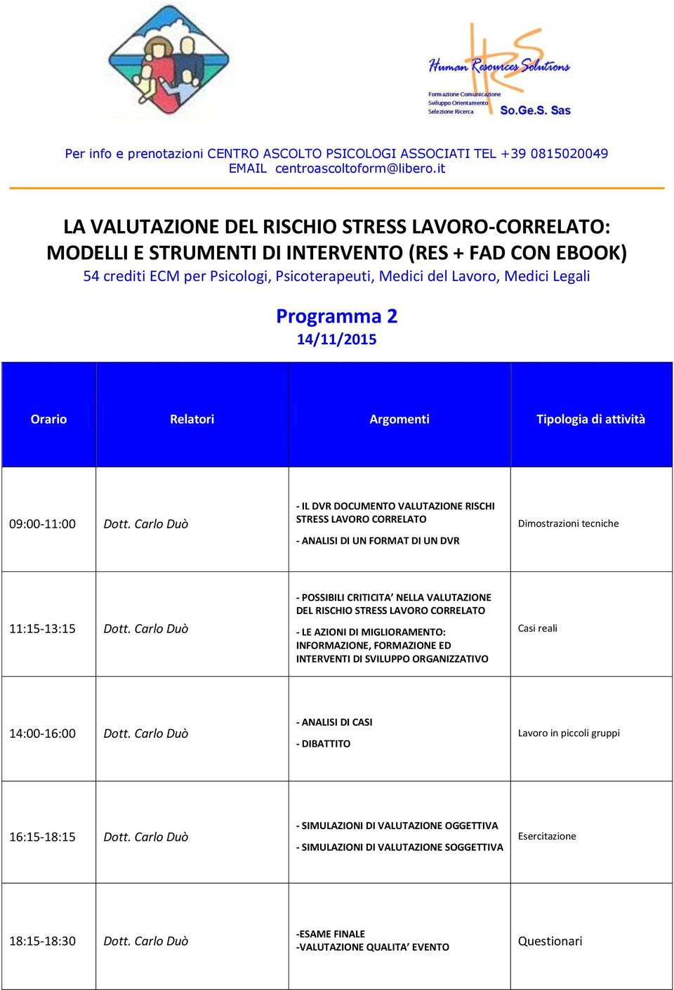 Carlo Duò - POSSIBILI CRITICITA NELLA VALUTAZIONE DEL RISCHIO STRESS LAVORO CORRELATO - LE AZIONI DI MIGLIORAMENTO: INFORMAZIONE, FORMAZIONE ED INTERVENTI DI SVILUPPO ORGANIZZATIVO 14:00-16:00 Dott.