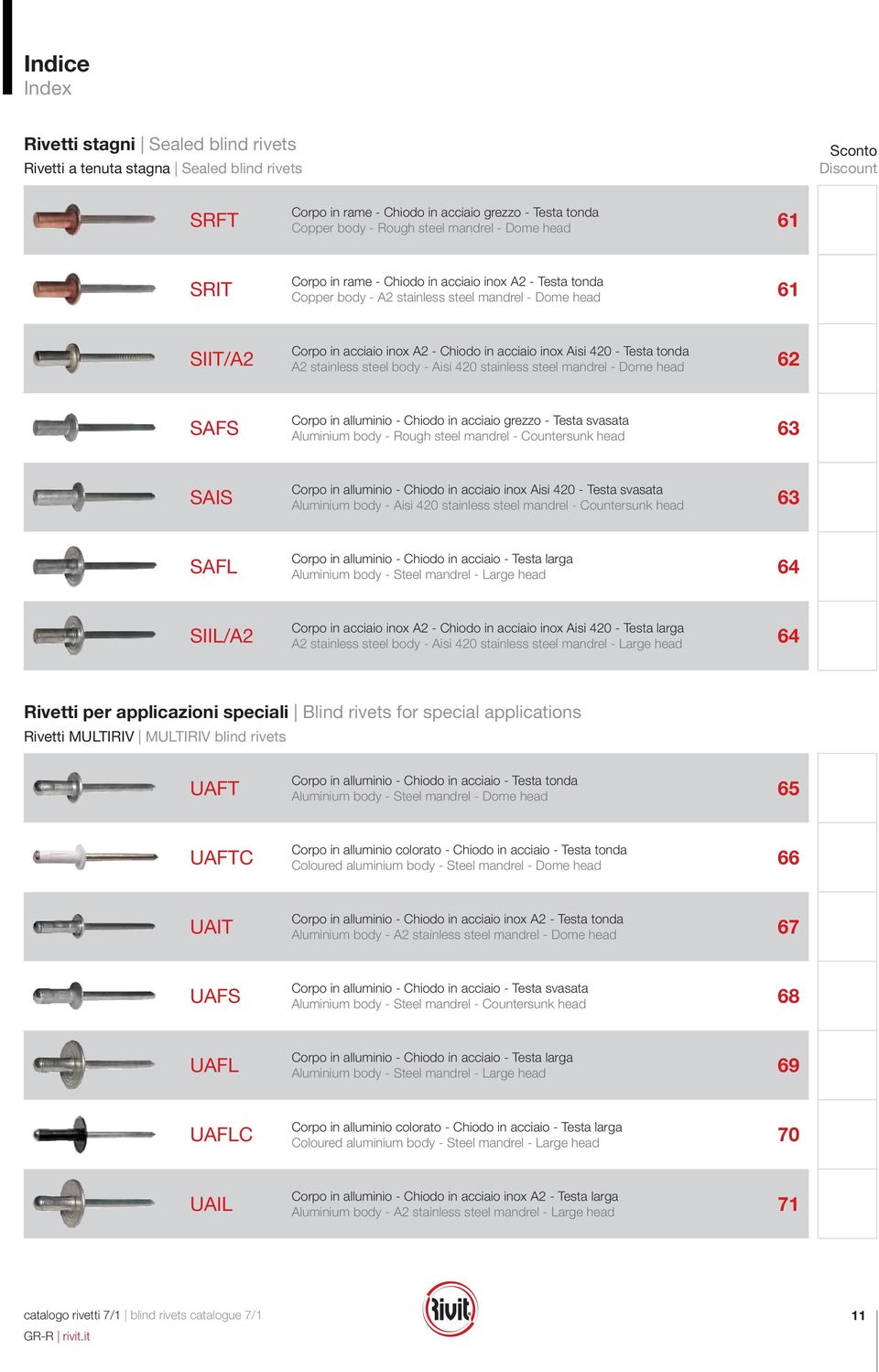 stainless steel boy - Aisi 420 stainless steel manrel - Dome hea 62 SAFS Corpo in alluminio - Chioo in acciaio grezzo - esta svasata Aluminium boy - Rough steel manrel - Countersun hea 63 SAIS Corpo