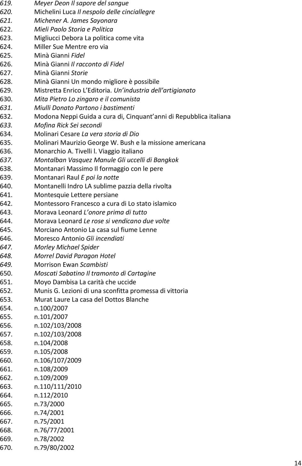 Minà Gianni Un mondo migliore è possibile 629. Mistretta Enrico L Editoria. Un industria dell artigianato 630. Mita Pietro Lo zingaro e il comunista 631. Miulli Donato Partono i bastimenti 632.