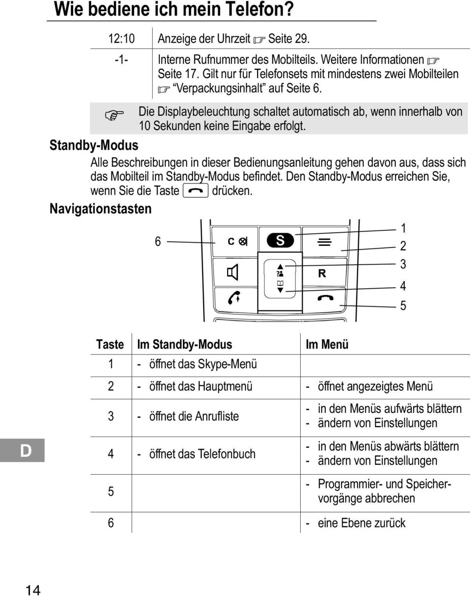 Standby Modus 4 Alle Beschreibungen in dieser Bedienungsanleitung gehen davon aus, dass sich das Mobilteil im Standby Modus befindet. Den Standby Modus erreichen Sie, wenn Sie die Taste drücken.