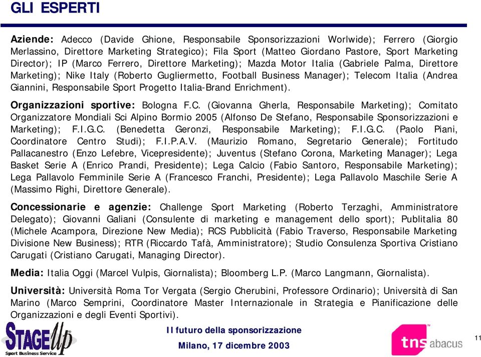 Giannini, esponsabile Sport Progetto Italia-Brand Enrichment). Organizzazioni sportive: Bologna F.C.