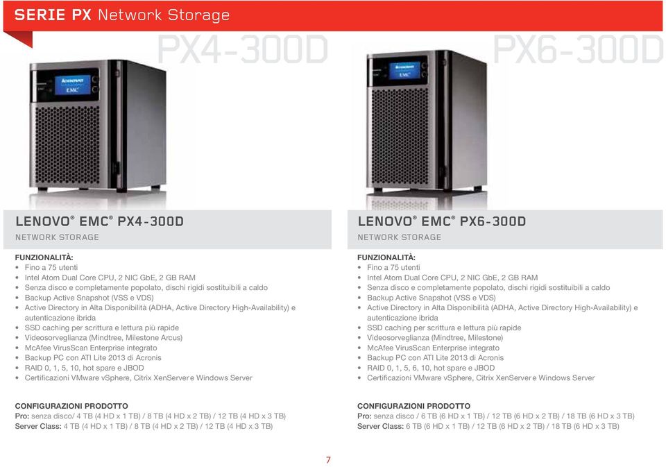 scrittura e lettura più rapide Videosorveglianza (Mindtree, Milestone Arcus) McAfee VirusScan Enterprise integrato Backup PC con ATI Lite 2013 di Acronis RAID 0, 1, 5, 10, hot spare e JBOD