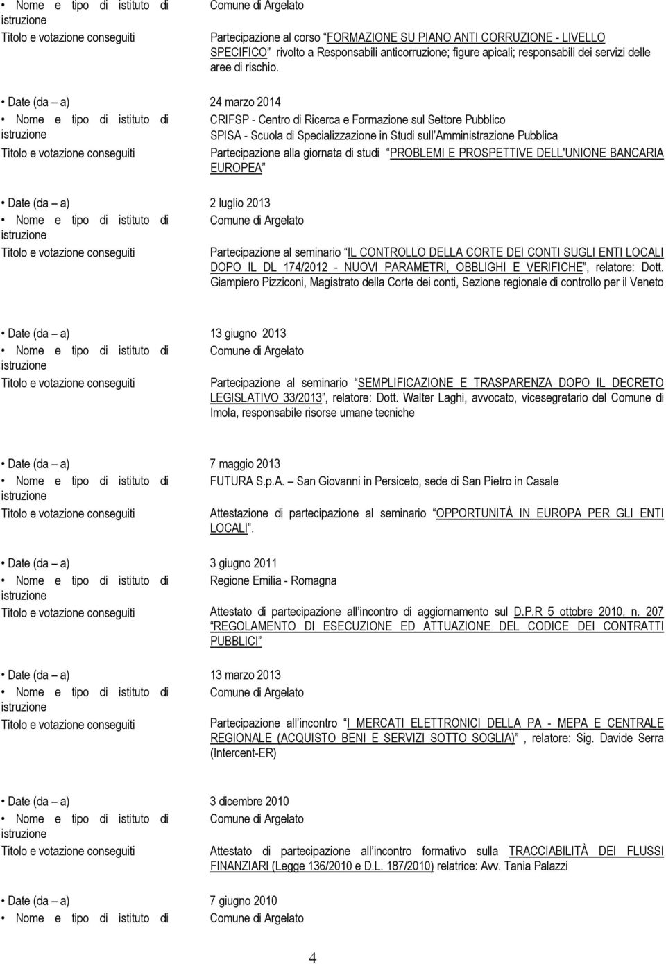 Date (da a) 24 marzo 2014 Nome e tipo di istituto di CRIFSP - Centro di Ricerca e Formazione sul Settore Pubblico SPISA - Scuola di Specializzazione in Studi sull Amministrazione Pubblica