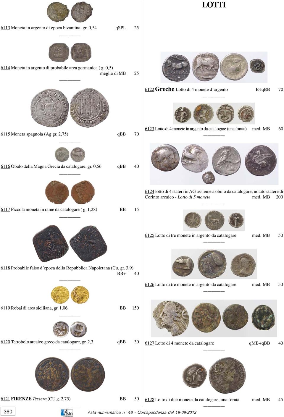 MB 60 6116 Obolo della Magna Grecia da catalogare, gr. 0,56 qbb 40 6117 Piccola moneta in rame da catalogare ( g.