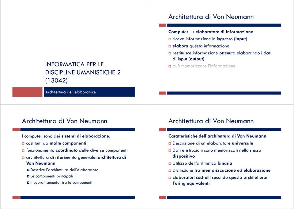 architettura di riferimento generale: architettura di Von Neumann Descrive l architettura dell elaboratore Le componenti principali Il coordinamento tra le componenti Caratteristiche dell