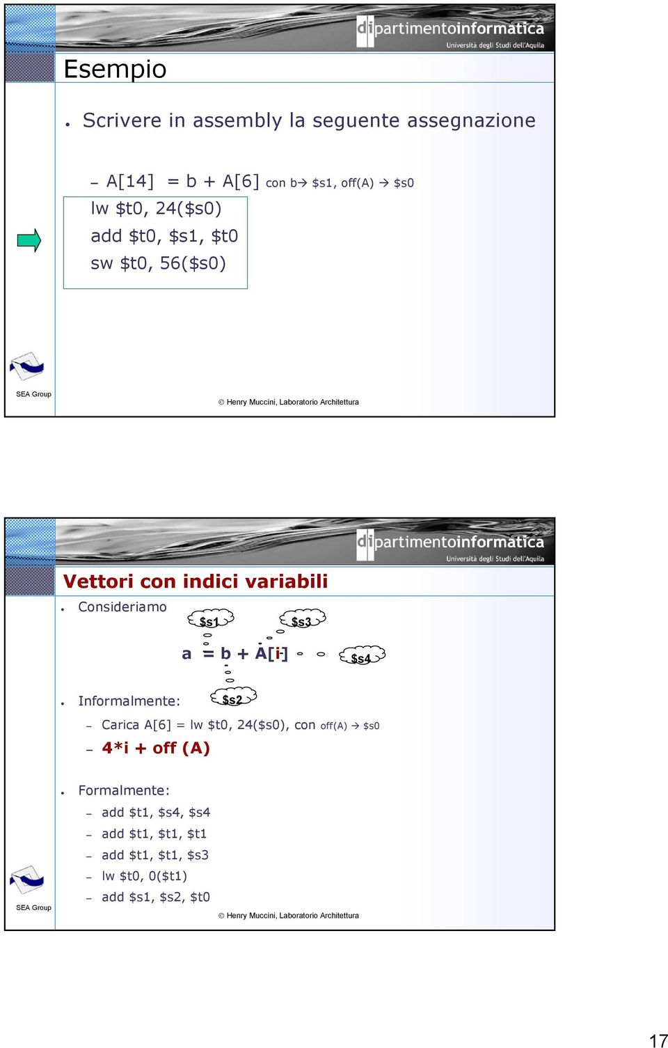 = b + A[i] $s4 Informalmente: $s2 Carica A[6] = lw $t0, 24($s0), con off(a) $s0 4*i + off (A)