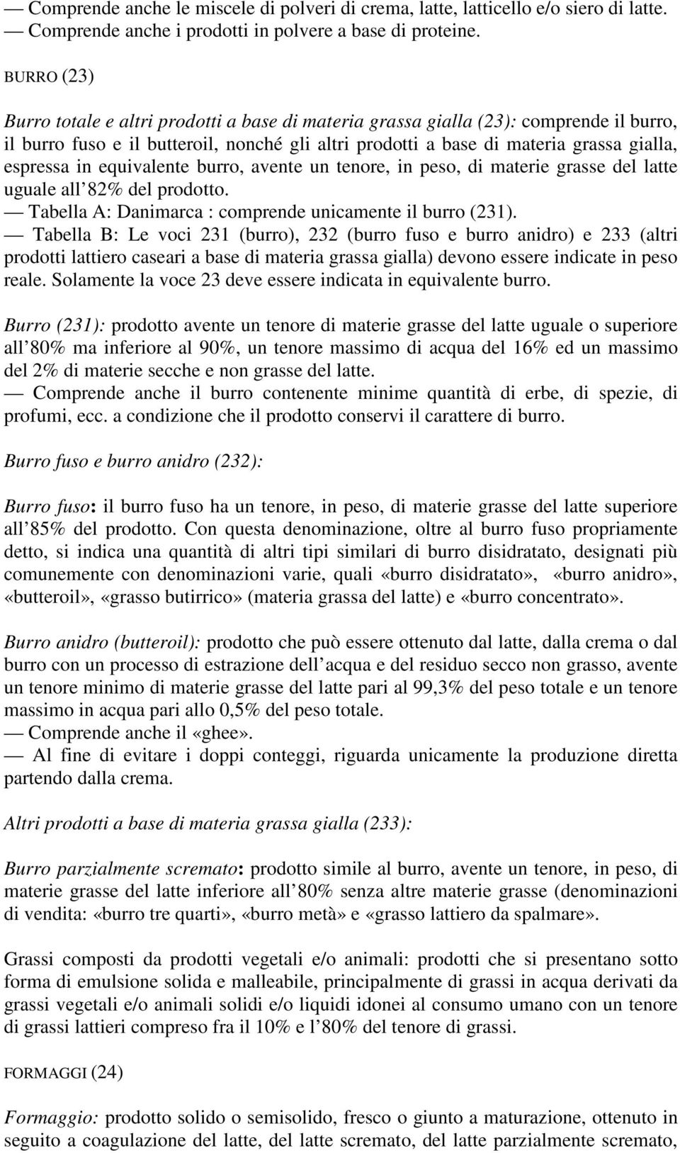 equivalente burro, avente un tenore, in peso, di materie grasse del latte uguale all 82% del prodotto. Tabella A: Danimarca : comprende unicamente il burro (231).