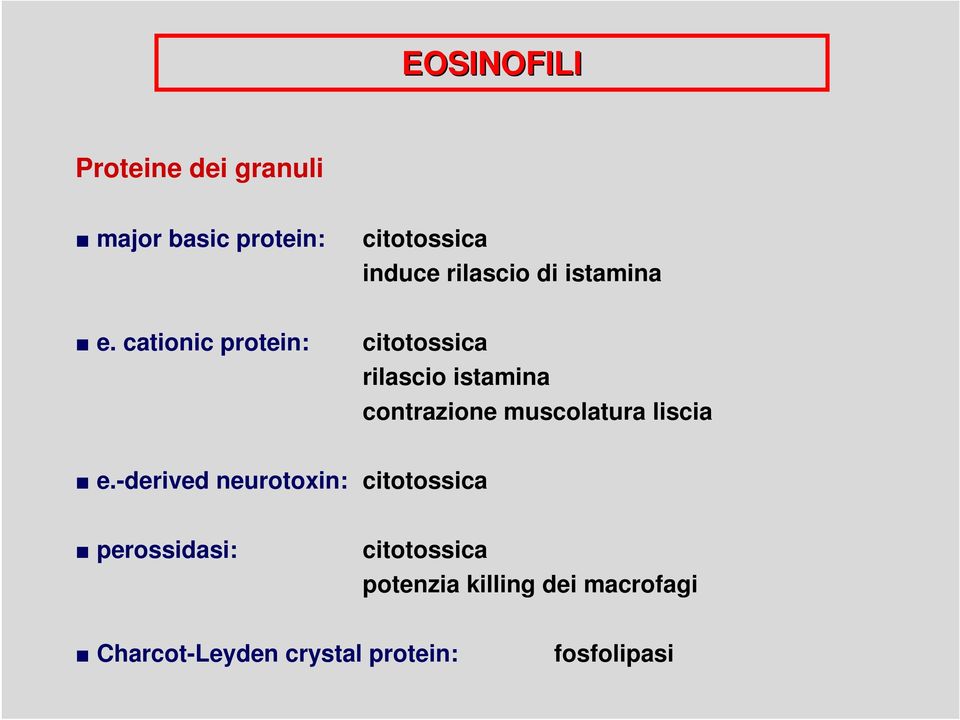 cationic protein: citotossica rilascio istamina contrazione muscolatura