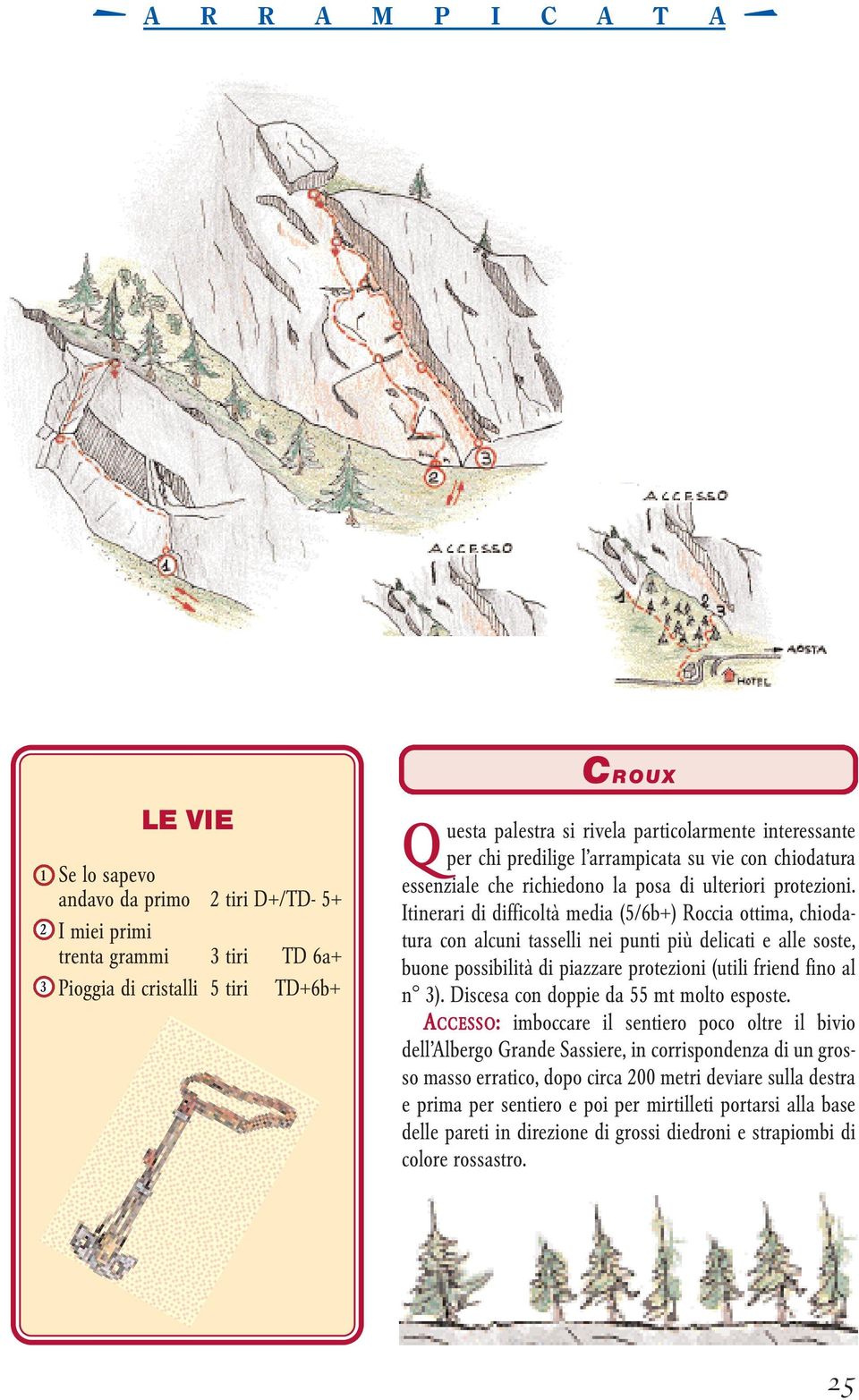 Itinerari di difficoltà media (/6b+) Roccia ottima, chiodatura con alcuni tasselli nei punti più delicati e alle soste, buone possibilità di piazzare protezioni (utili friend fino al n ).