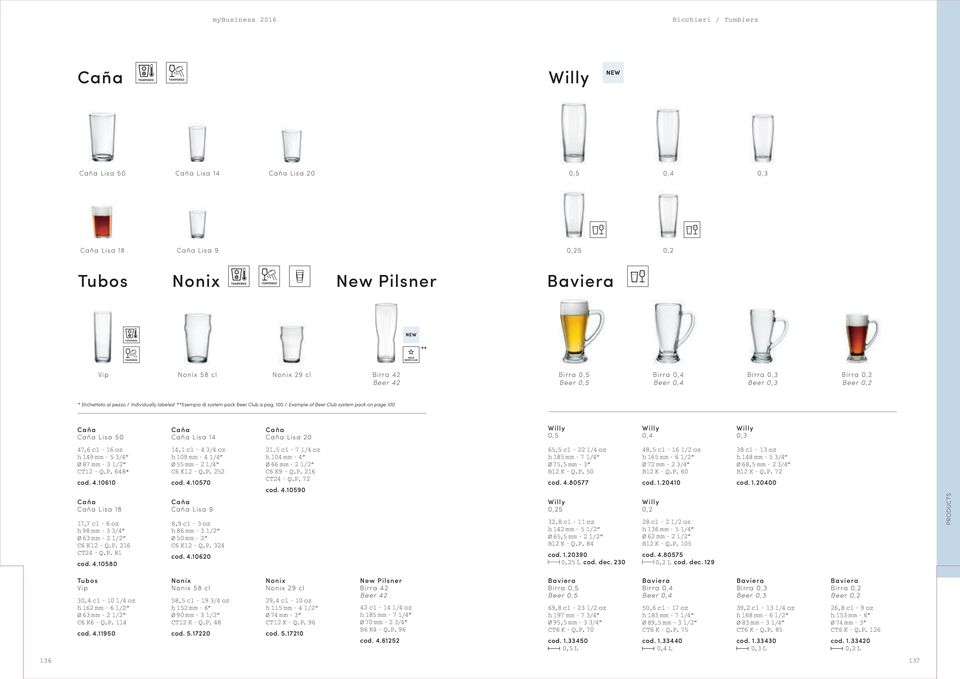 100 / Example of Beer Club system pack on page 100 Caña Caña Lisa 50 Caña Caña Lisa 14 Caña Caña Lisa 20 Willy 0,5 Willy 0,4 Willy 0,3 47,6 cl - 16 oz h 149 mm - 5 3/4 Ø 87 mm - 3 1/2 CT12 - Q.P.