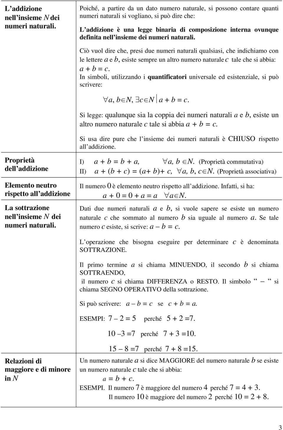 insieme dei numeri naturali. Ciò vuol dire che, presi due numeri naturali qualsiasi, che indichiamo con le lettere a e b, esiste sempre un altro numero naturale c tale che si abbia: a b c.