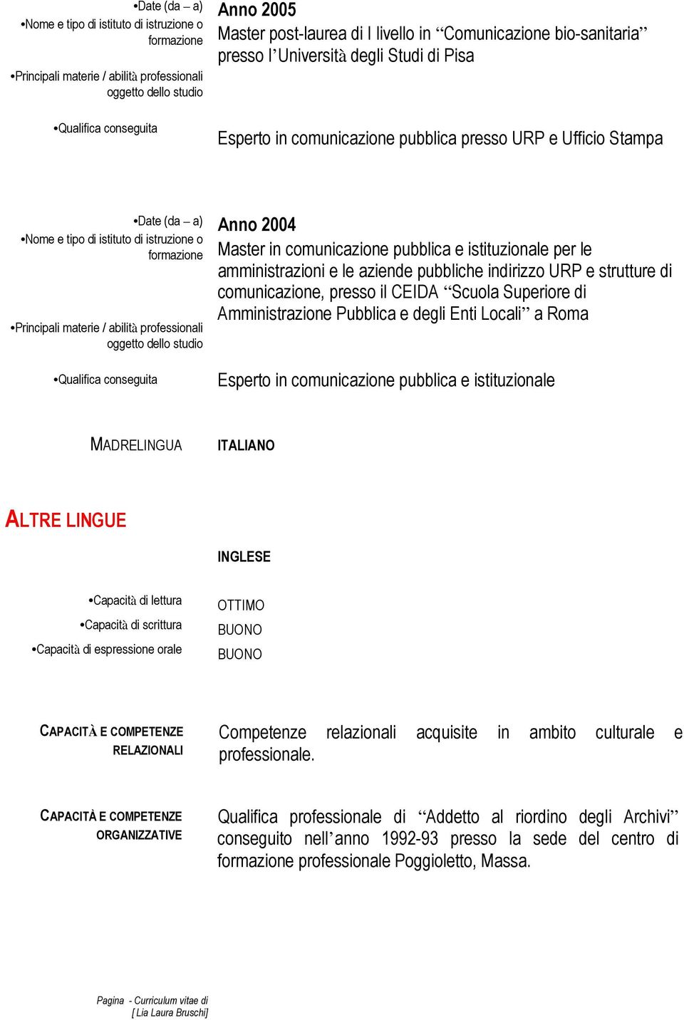 Enti Locali a Roma Esperto in comunicazione pubblica e istituzionale MADRELINGUA ITALIANO ALTRE LINGUE INGLESE Capacità di lettura Capacità di scrittura Capacità di espressione orale OTTIMO BUONO