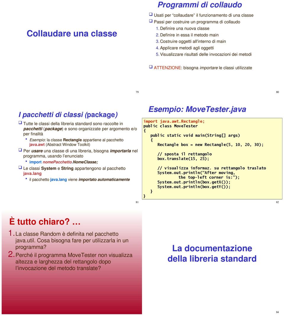 Visualizzare risultati delle invocazioni dei metodi ATTENZIONE: bisogna importare le classi utilizzate 79 80 I pacchetti di classi (package) Tutte le classi della libreria standard sono raccolte in